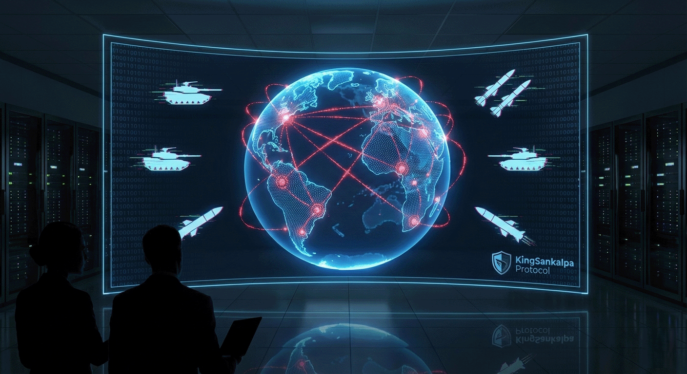 Holographic digital world map in a dark command center showing red cyber warfare attack lines connecting continents, representing the global digital battlefield.