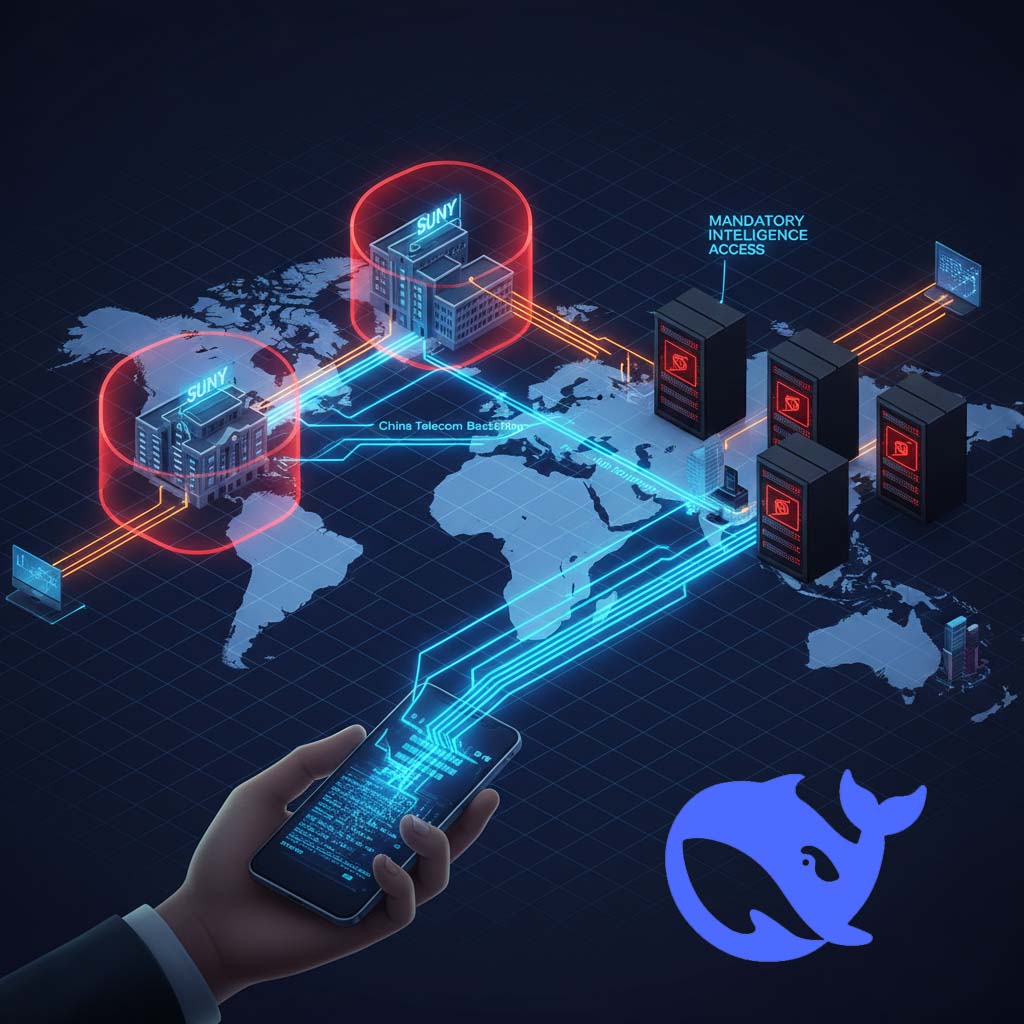 DeepSeek AI ban data exfiltration map showing blocked government networks and active consumer data flows to Chinese servers