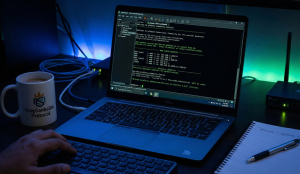 A close-up photograph of a person working late at night on a laptop running pfSense firewall inside VMware Workstation. A coffee mug with the KingSankalpa Protocol logo, network cables, a TP-Link router, and handwritten lab notes are visible on the desk.