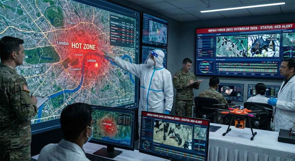 High-tech military and medical bio-defense command center monitoring a red alert outbreak map of London during the 2026 Nipah Virus crisis, featuring AI surveillance screens and situational analysis.
