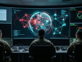 AI swarm attack visualization showing autonomous agents coordinating to breach corporate networks