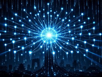KIMI K2.5 AI swarm visualization showing 100 parallel agents coordinating with cyan neural network connections against dark cyberpunk Beijing skyline background