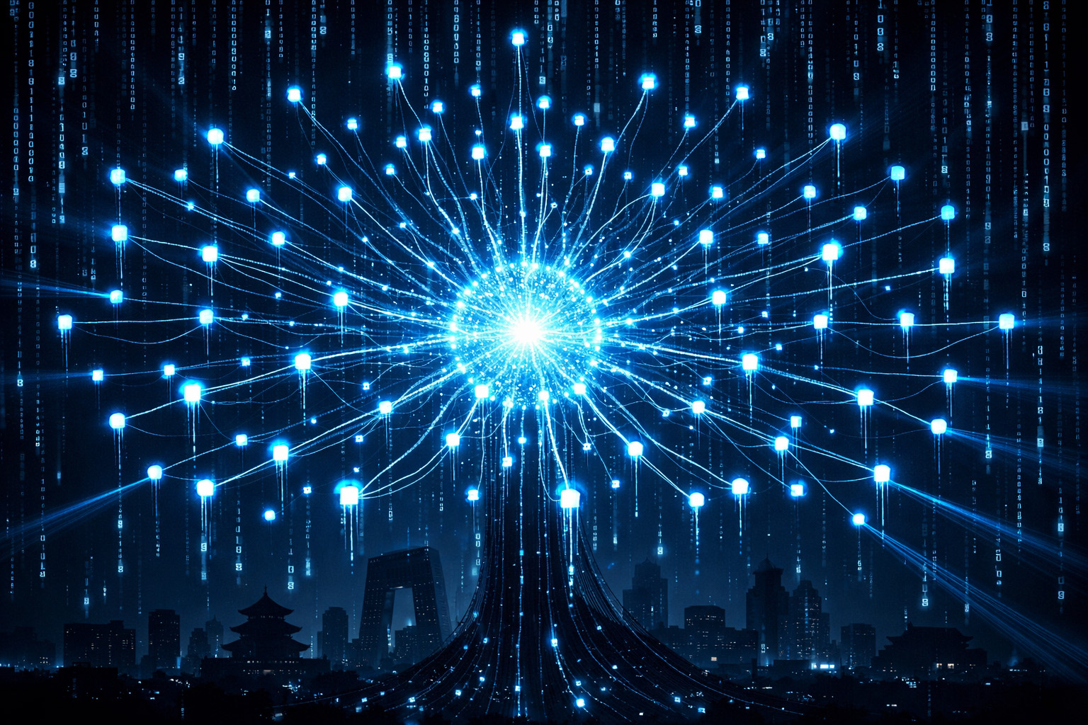 KIMI K2.5 AI swarm visualization showing 100 parallel agents coordinating with cyan neural network connections against dark cyberpunk Beijing skyline background