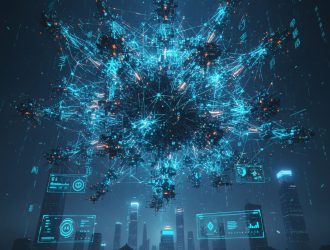 KIMI swarm agent orchestration showing 100 parallel AI nodes in cyberpunk visualization