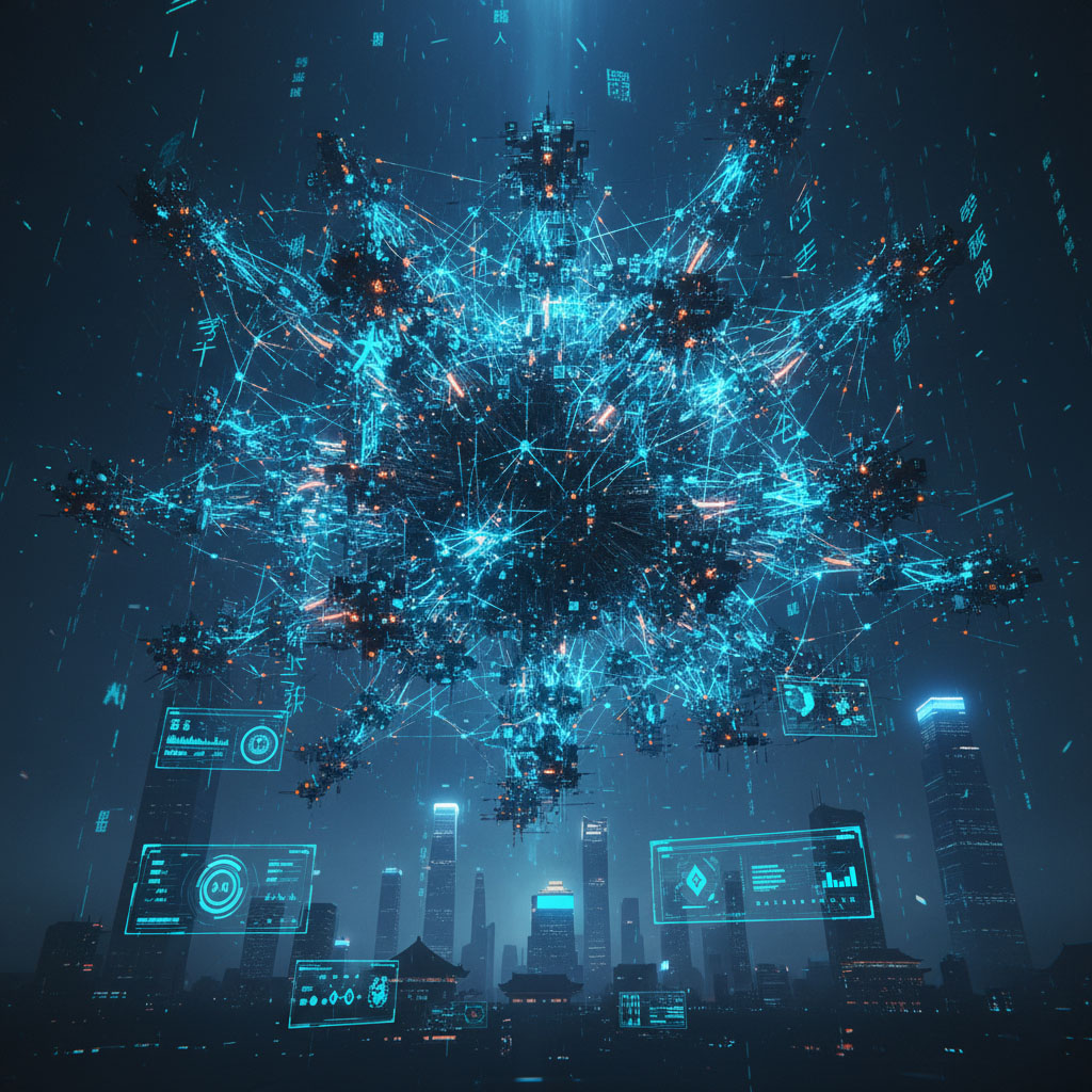 KIMI swarm agent orchestration showing 100 parallel AI nodes in cyberpunk visualization