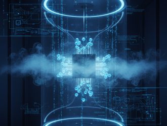 Quantum computing visualization showing qubits in superposition with binary code streams and quantum processor architecture