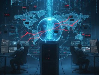 Quantum encryption threat visualization showing quantum computer breaking RSA encryption and nation-state cyber operations