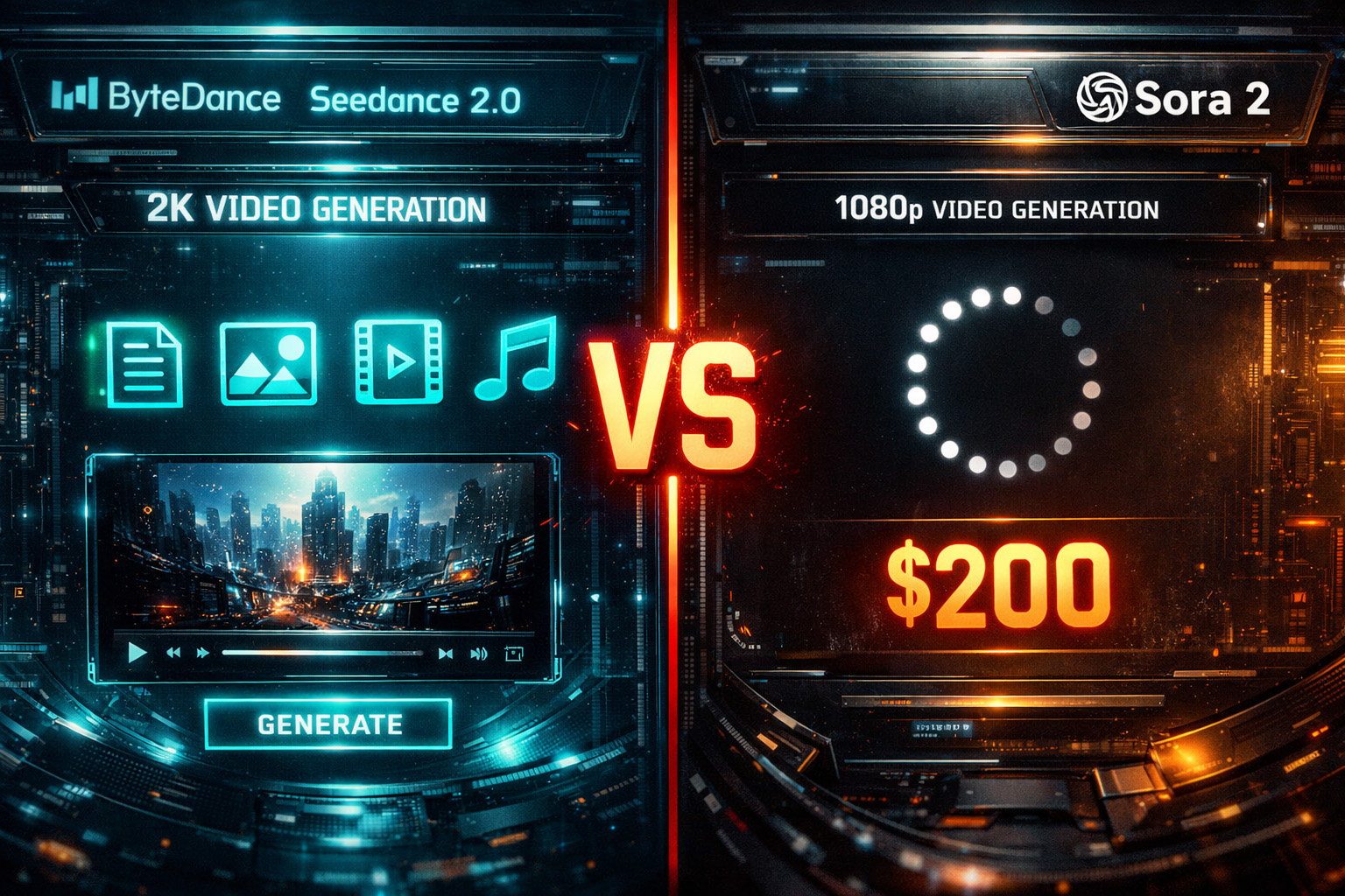 Seedance 2.0 vs Sora 2 comparison showing ByteDance 2K quad-modal interface versus OpenAI 1080p limited input with pricing disparity